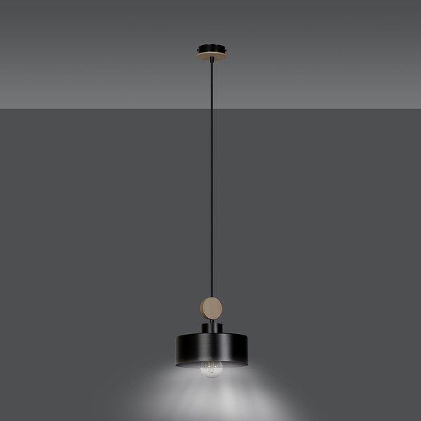 Sospensione 1 Luce Nered In Acciaio Nero E Legno Naturale