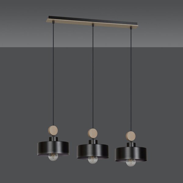 Lampadario 3 Luci Nered In Acciaio Nero E Paralumi Con Legno Naturale