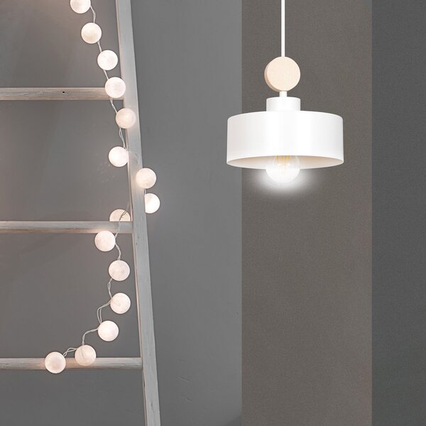 Sospensione 1 Luce Nered In Acciaio Bianco E Legno Naturale