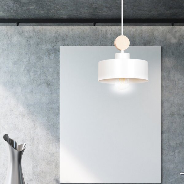 Sospensione 1 Luce Nered In Acciaio Bianco E Legno Naturale