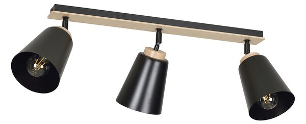 Plafoniera Faretti Spot Orientabili 3 Luci Magne Acciaio Nero E Legno Naturale