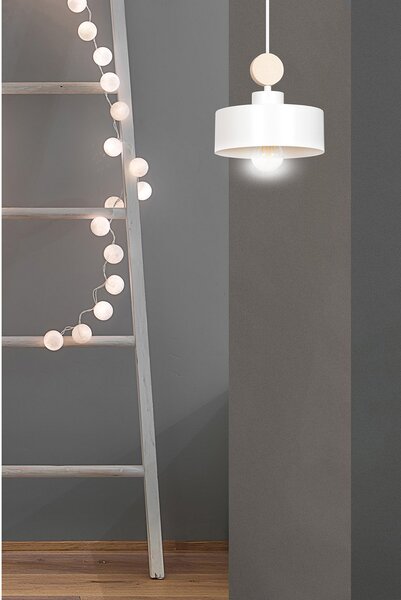 Sospensione 1 Luce Nered In Acciaio Bianco E Legno Naturale