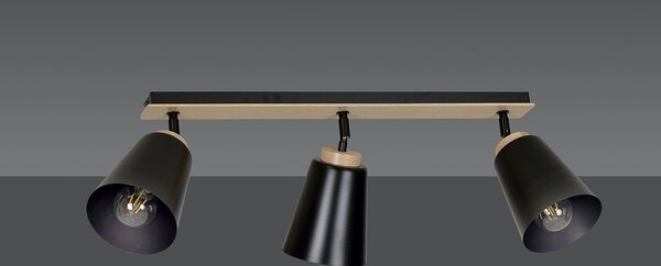 Plafoniera Faretti Spot Orientabili 3 Luci Magne Acciaio Nero E Legno Naturale