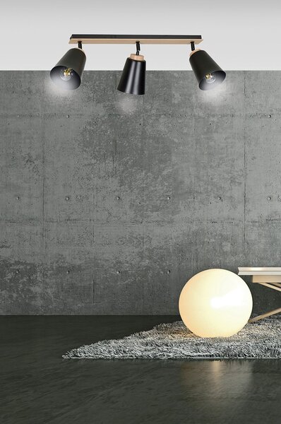 Plafoniera Faretti Spot Orientabili 3 Luci Magne Acciaio Nero E Legno Naturale