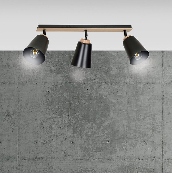 Plafoniera Faretti Spot Orientabili 3 Luci Magne Acciaio Nero E Legno Naturale