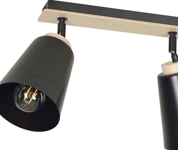 Plafoniera Faretti Spot Orientabili 2 Luci Magne Acciaio Nero E Legno Naturale