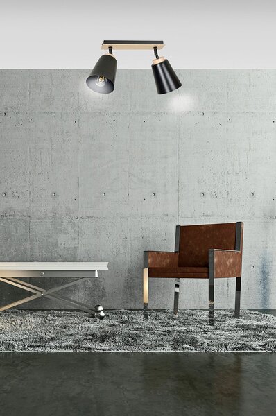 Plafoniera Faretti Spot Orientabili 2 Luci Magne Acciaio Nero E Legno Naturale