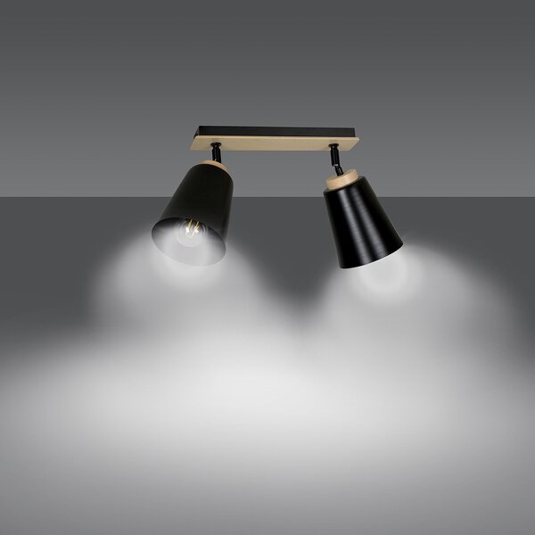 Plafoniera Faretti Spot Orientabili 2 Luci Magne Acciaio Nero E Legno Naturale