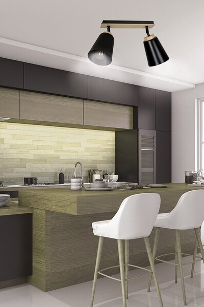 Plafoniera Faretti Spot Orientabili 2 Luci Magne Acciaio Nero E Legno Naturale