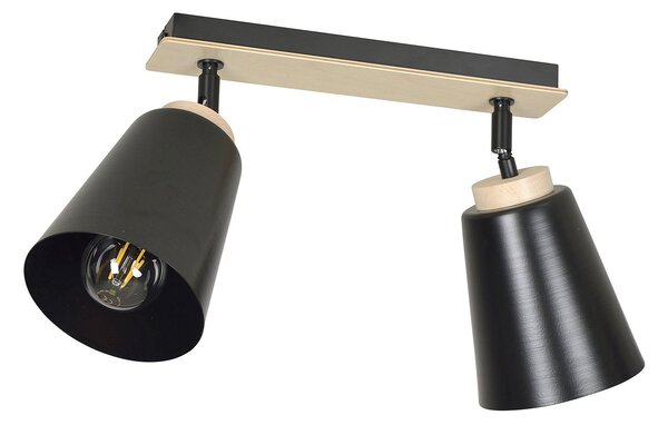 Plafoniera Faretti Spot Orientabili 2 Luci Magne Acciaio Nero E Legno Naturale