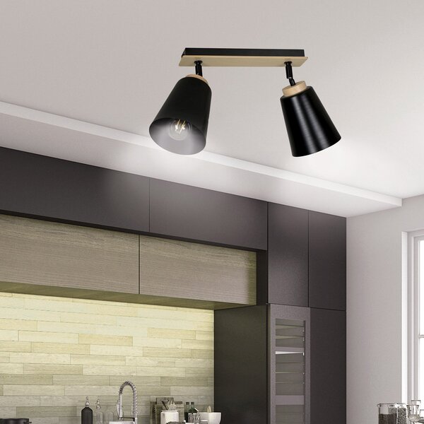 Plafoniera Faretti Spot Orientabili 2 Luci Magne Acciaio Nero E Legno Naturale