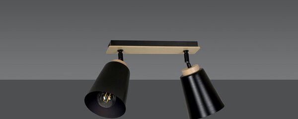 Plafoniera Faretti Spot Orientabili 2 Luci Magne Acciaio Nero E Legno Naturale