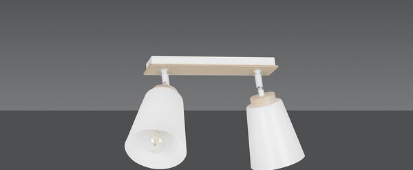 Plafoniera Spot Faretti Orientabili 2 Luci Magne Acciaio Bianco E Legno Naturale