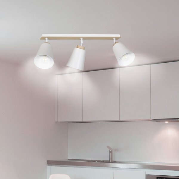 Plafoniera Spot Faretti Orientabili 3 Luci Magne Acciaio Bianco E Legno Naturale