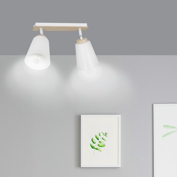 Plafoniera Spot Faretti Orientabili 2 Luci Magne Acciaio Bianco E Legno Naturale