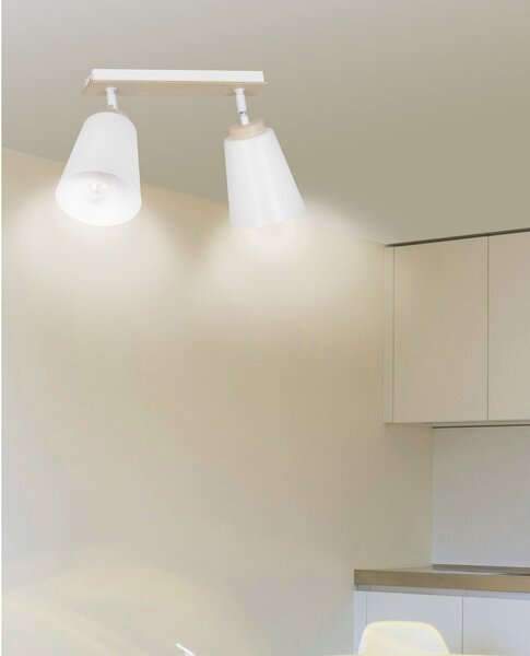 Plafoniera Spot Faretti Orientabili 2 Luci Magne Acciaio Bianco E Legno Naturale