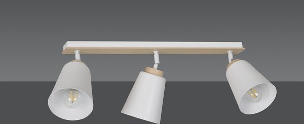 Plafoniera Spot Faretti Orientabili 3 Luci Magne Acciaio Bianco E Legno Naturale