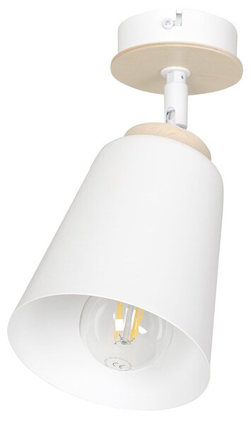 Plafoniera A Faretto Spot 1 Luce In Acciaio Bianco E Legno Naturale