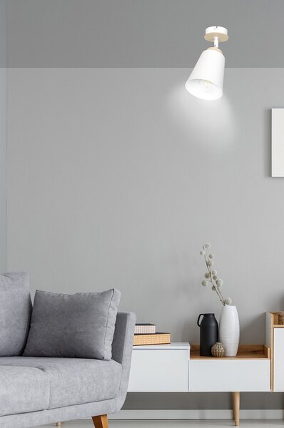 Plafoniera A Faretto Spot 1 Luce In Acciaio Bianco E Legno Naturale