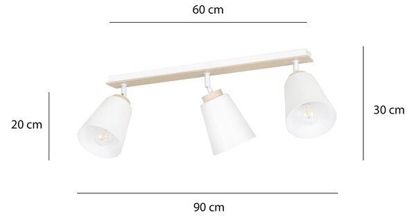 Plafoniera Spot Faretti Orientabili 3 Luci Magne Acciaio Bianco E Legno Naturale