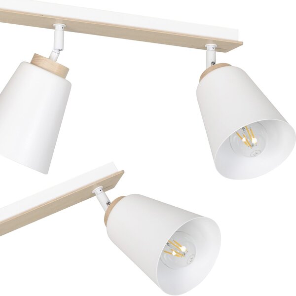 Plafoniera Spot Faretti Orientabili 2 Luci Magne Acciaio Bianco E Legno Naturale
