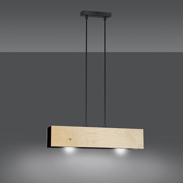 Lampadario 2 Luci Lupos In Acciaio Nero Corpo Rettangolare E Legno Naturale