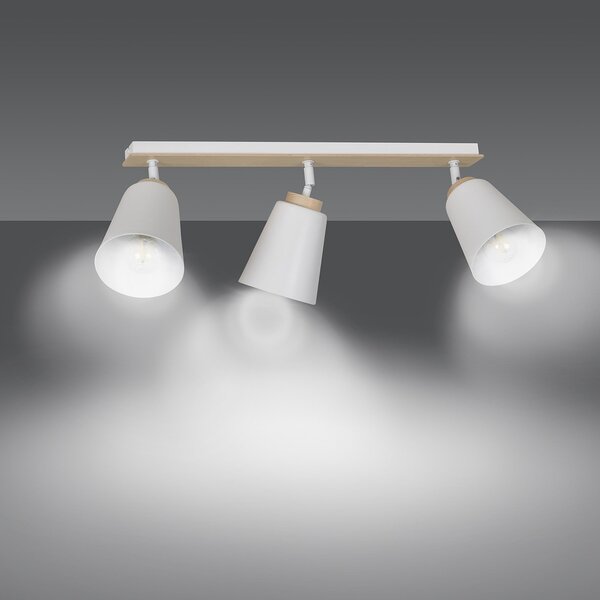 Plafoniera Spot Faretti Orientabili 3 Luci Magne Acciaio Bianco E Legno Naturale