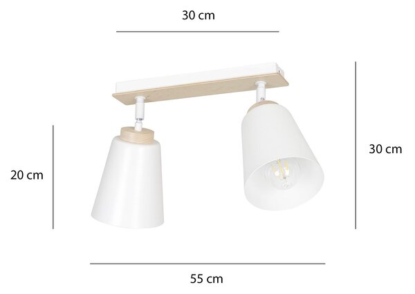 Plafoniera Spot Faretti Orientabili 2 Luci Magne Acciaio Bianco E Legno Naturale