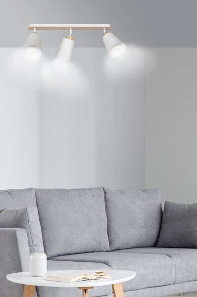 Plafoniera Spot Faretti Orientabili 3 Luci Magne Acciaio Bianco E Legno Naturale