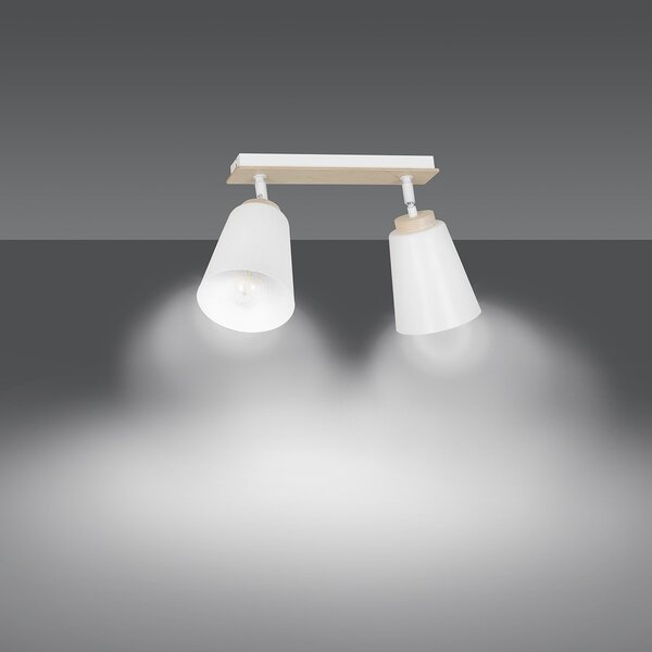 Plafoniera Spot Faretti Orientabili 2 Luci Magne Acciaio Bianco E Legno Naturale