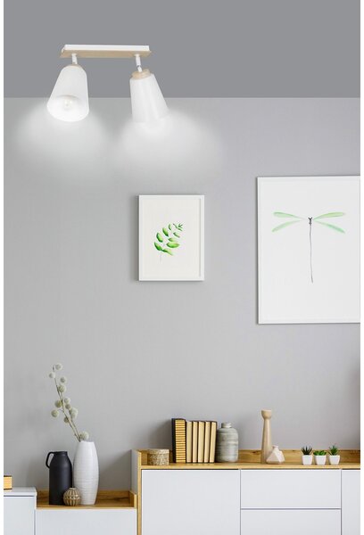 Plafoniera Spot Faretti Orientabili 2 Luci Magne Acciaio Bianco E Legno Naturale