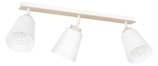 Plafoniera Spot Faretti Orientabili 3 Luci Magne Acciaio Bianco E Legno Naturale