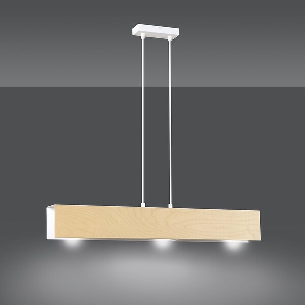 Lampadario 3 Luci Lupos In Acciaio Bianco Corpo Rettangolare E Legno Naturale