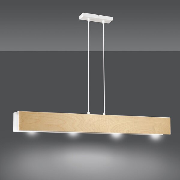 Lampadario 4 Luci Lupos In Acciaio Bianco Corpo Rettangolare E Legno Naturale