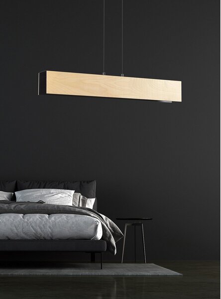 Lampadario 3 Luci Lupos In Acciaio Nero Corpo Rettangolare E Legno Naturale