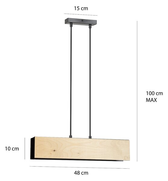 Lampadario 2 Luci Lupos In Acciaio Nero Corpo Rettangolare E Legno Naturale