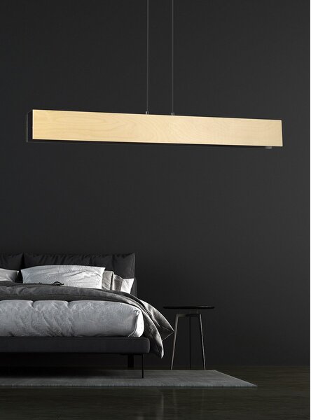Lampadario 4 Luci Lupos In Acciaio Nero Corpo Rettangolare E Legno Naturale