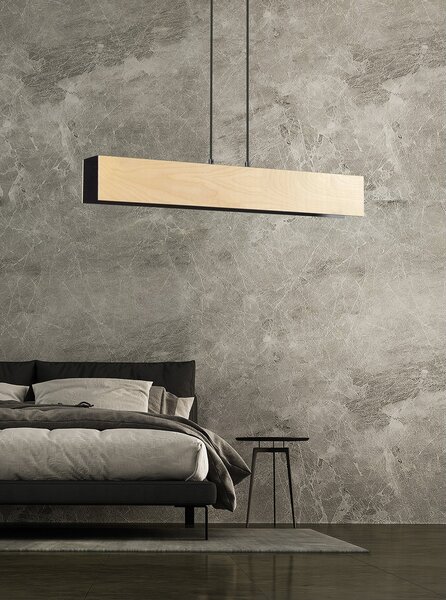 Lampadario 3 Luci Lupos In Acciaio Nero Corpo Rettangolare E Legno Naturale