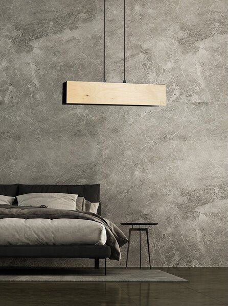 Lampadario 2 Luci Lupos In Acciaio Nero Corpo Rettangolare E Legno Naturale