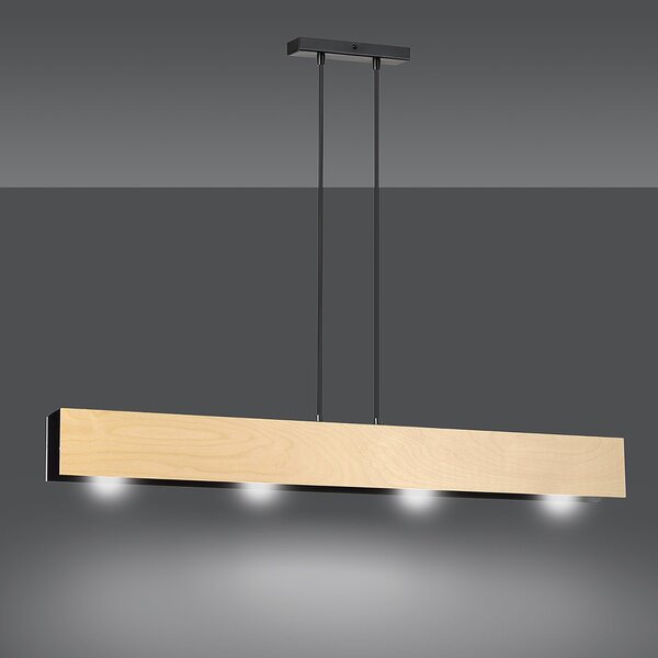 Lampadario 4 Luci Lupos In Acciaio Nero Corpo Rettangolare E Legno Naturale