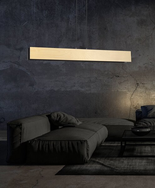 Lampadario 4 Luci Lupos In Acciaio Nero Corpo Rettangolare E Legno Naturale