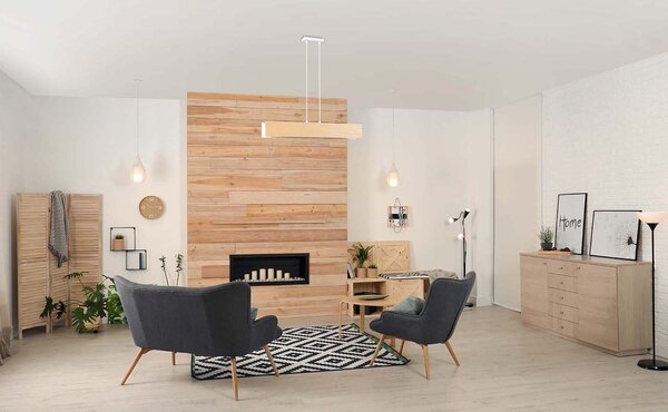 Lampadario 3 Luci Lupos In Acciaio Bianco Corpo Rettangolare E Legno Naturale