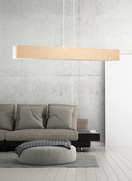 Lampadario 4 Luci Lupos In Acciaio Bianco Corpo Rettangolare E Legno Naturale