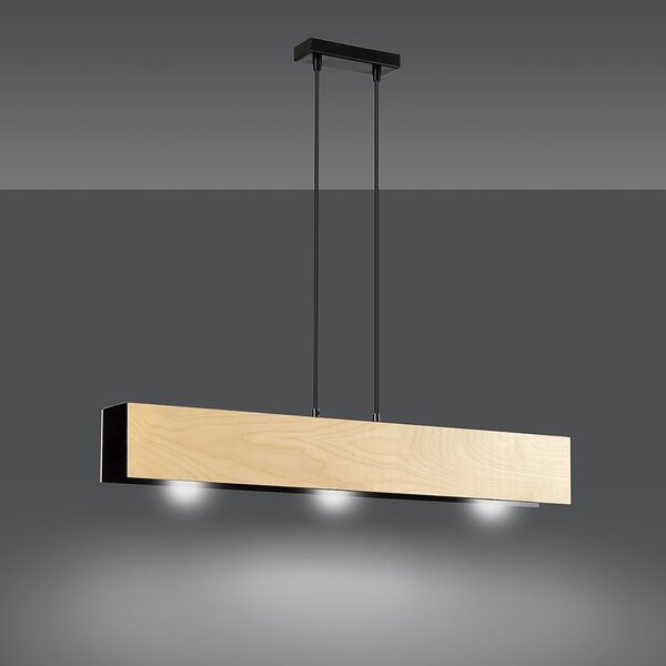 Lampadario 3 Luci Lupos In Acciaio Nero Corpo Rettangolare E Legno Naturale