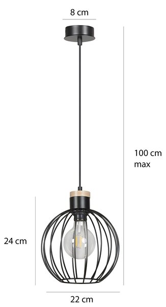 Sospensione 1 Luce Bueno Paralume A Gabbia In Acciaio Nero E Legno Naturale