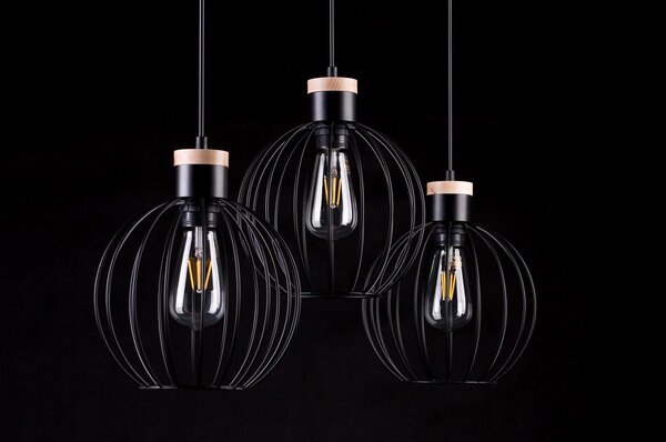 Lampadario 3 Luci Bueno Paralumi A Gabbia In Acciaio Nero E Legno Naturale