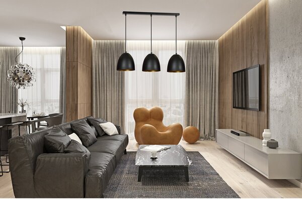 Lampadario 3 Luci Vigore In Acciaio Nero Con Cupole In Nero E Oro