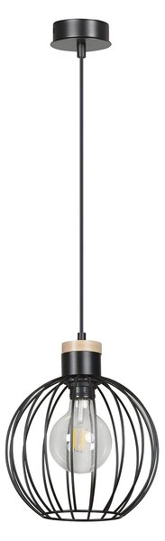 Sospensione 1 Luce Bueno Paralume A Gabbia In Acciaio Nero E Legno Naturale