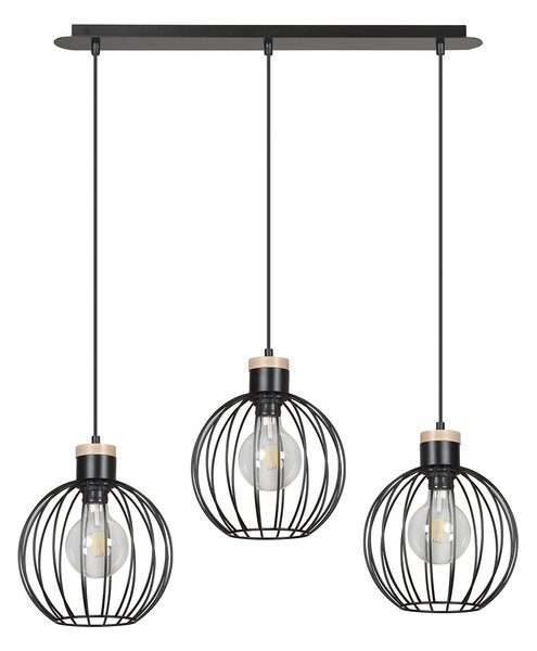 Lampadario 3 Luci Bueno Paralumi A Gabbia In Acciaio Nero E Legno Naturale