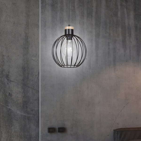 Sospensione 1 Luce Bueno Paralume A Gabbia In Acciaio Nero E Legno Naturale